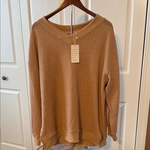 Waffle-Knit V-Neck Sweater in Camel